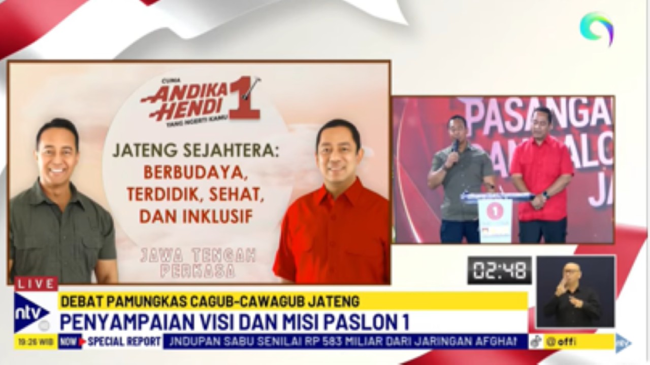 Pasangan calon gubernur dan wakil gubernur nomor urut satu Jawa Tengah, Andika Perkasa-Hendrar Prihadi menyampaikan visi-misi pada debat terakhir