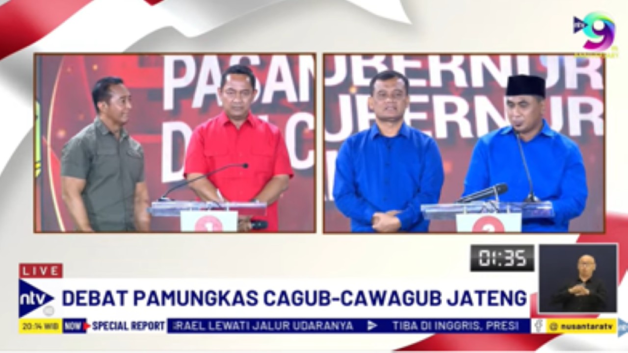 Pasangan calon gubernur dan wakil gubernur nomor urut satu dan dua Jawa Tengah, Andika Perkasa-Hendrar Prihadi dan Ahmad Luthfi-Taj Yasin Maimoen pada debat terakhir