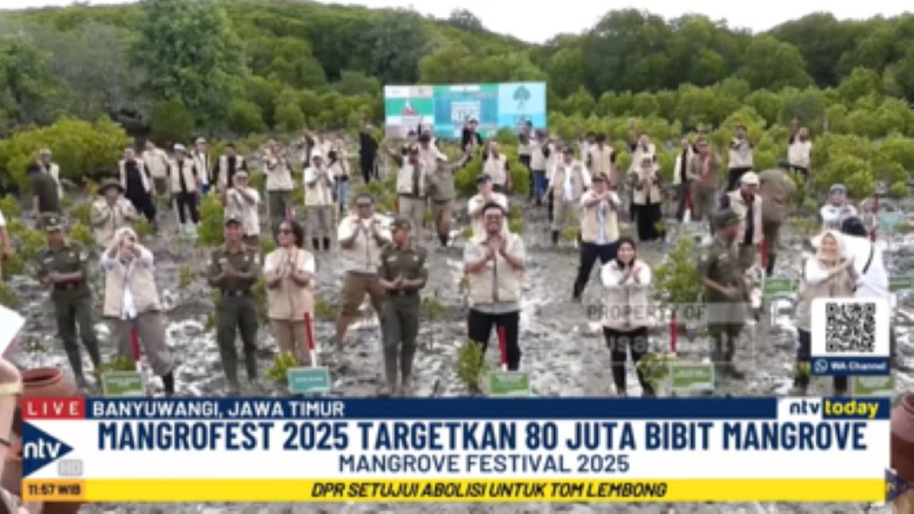 Wakil Menteri Kehutanan Sulaiman Umar Siddiq bersama berbagai pemangku kepentingan melakukan penanaman mangrove saat Kick Off Mangrofest 2025 di Taman Nasional Alas Purwo