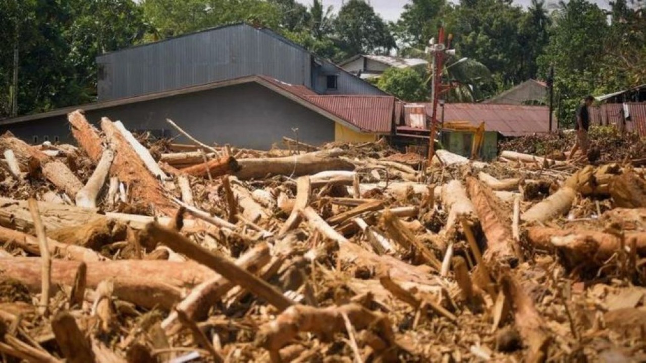 Warga melintas di antara tumpukan gelondongan kayu di permukiman di Tabiang Bandang Gadang, Nanggalo, Padang, Sumatera Barat, Selasa (9/12/2025). Gelondongan kayu yang terbawa banjir bandang sejak dua pekan lalu masih tersangkut di wilayah itu. (Foto: ANTARA FOTO/Iggoy el Fitra/nz)