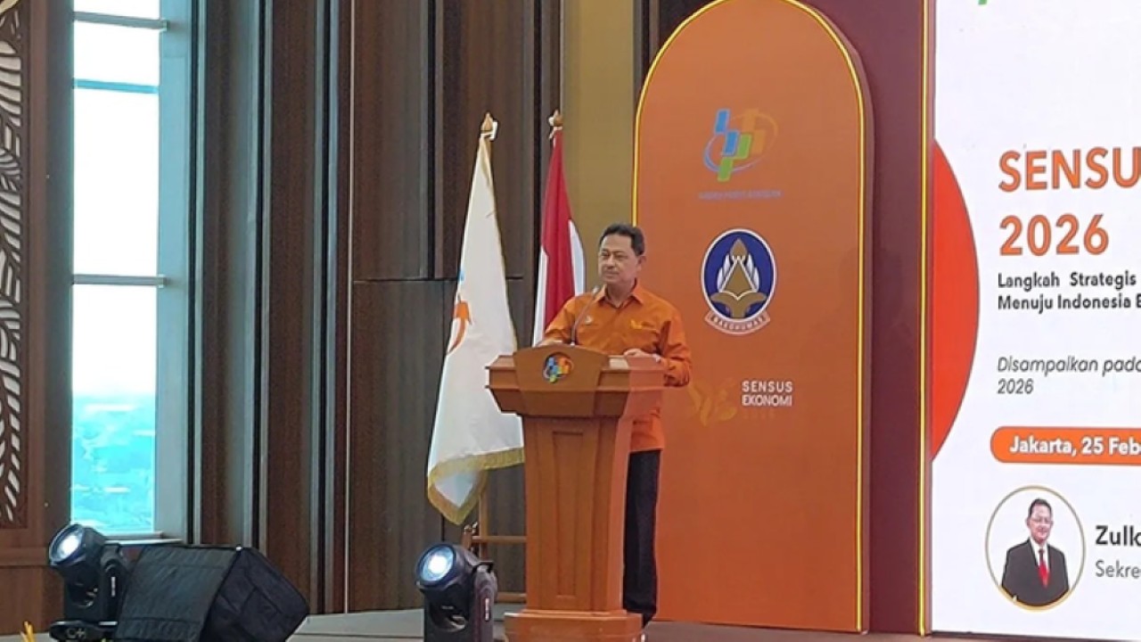 Sekretaris Utama Badan Pusat Statistik (BPS) Zulkipli memberikan paparan dalam acara sosialisasi Sensus Ekonomi 2026 di Jakarta, Rabu 25 Februari 2026. (ANTARA/Aria Ananda) (Antara)