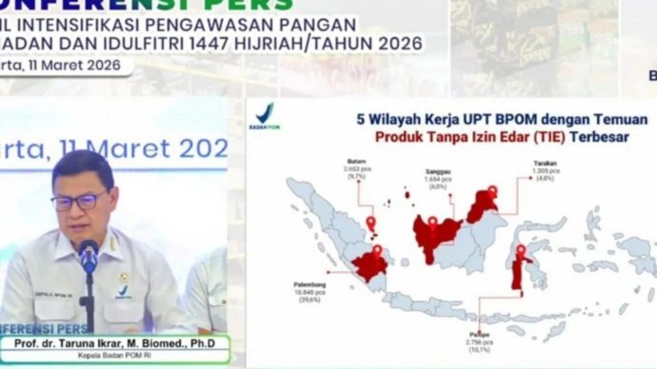 Tangkapan layar - Kepala Badan Pengawas Obat dan Makanan (BPOM) Taruna Ikrar beserta jajaran menunjukkan bahan pangan atau produk olahan pangan bermasalah hasil intensifikasi dalam konferensi pers Pengawasan Pangan Jelang Ramadhan dan Idul Fitri 2026 di Jakarta, Rabu 11 Maret 2026. ANTARA/M Riezko Bima Elko Prasetyo (Antara)