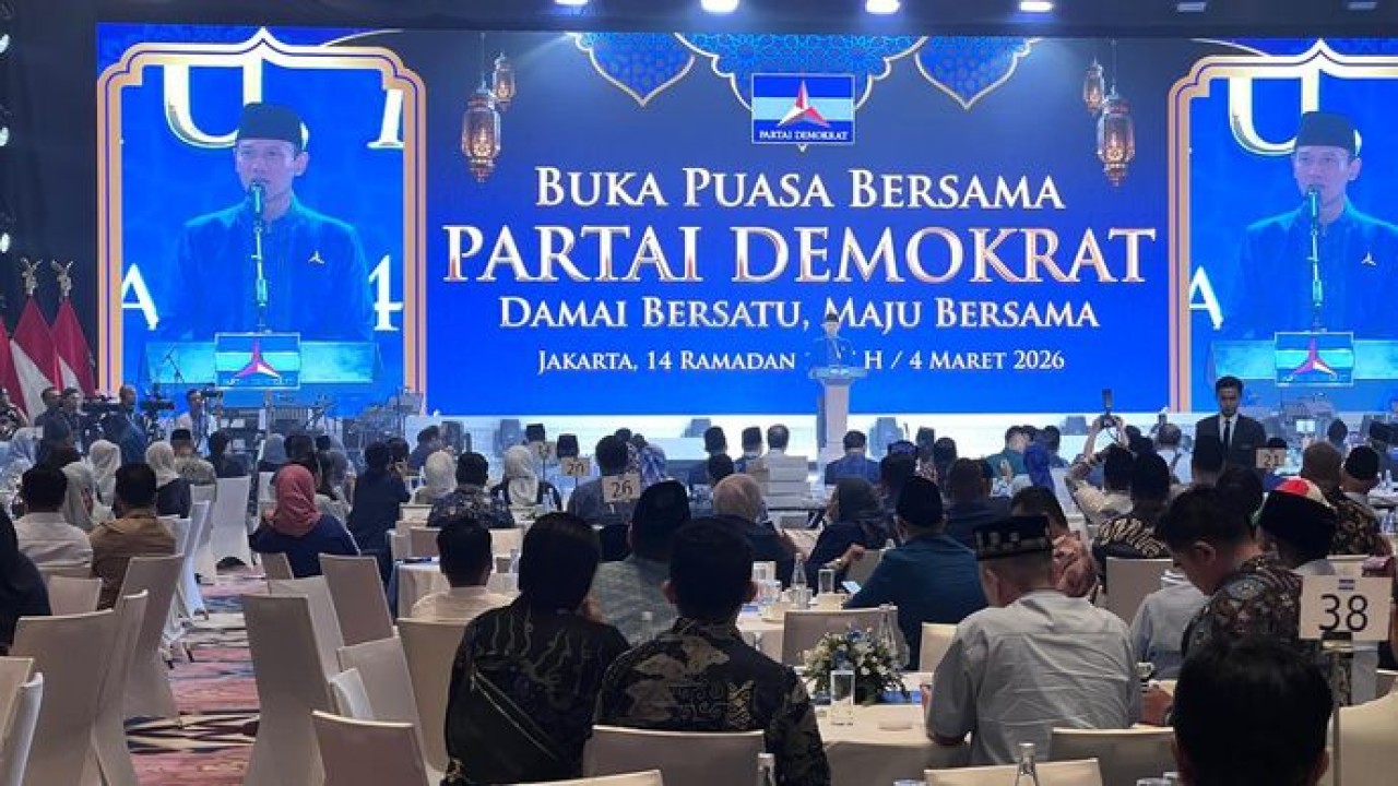 Ketua Umum Partai Demokrat Agus Harimurti Yudhoyono (AHY) di acara buka puasa bersama partainya. (NTVNews.id)