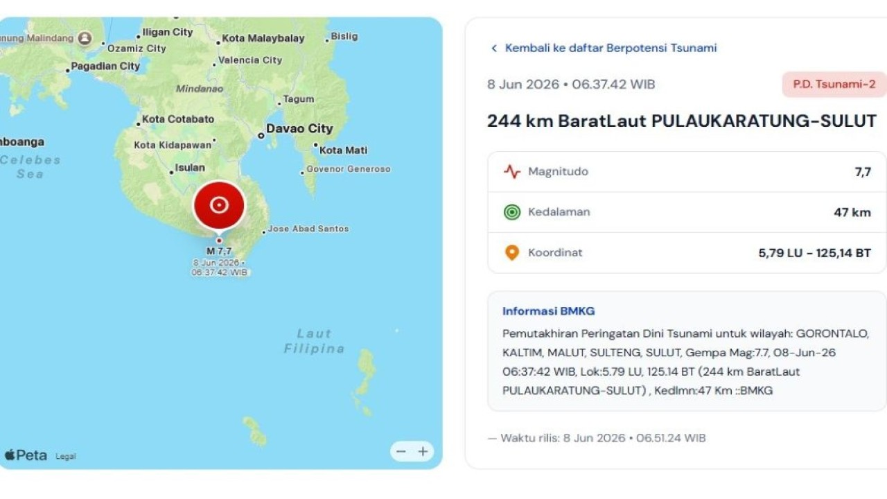 Gempa bumi itu berada pada kedalaman 47 kilometer di sebelah barat laut Pulau Karatung, Sulawesi Utara (sektor Mindanao, Filipina), dan berpotensi memicu gelombang tsunami di sejumlah wilayah pesisir Indonesia. (Foto: Tangkapan layar)