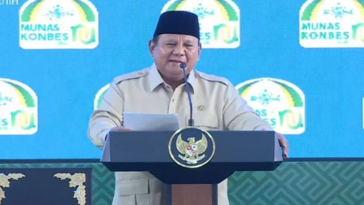 Presiden Prabowo Subianto pada acara Penutupan Musyawarah Nasional (Munas) Alim Ulama dan Konferensi Besar (Konbes) Nahdlatul Ulama (NU) 2026 di Institut Agama Islam (IAI) Syaichona Mohammad Cholil, Kabupaten Bangkalan, Jawa Timur, Selasa, 23 Juni 2026. (Foto: Istimewa)
